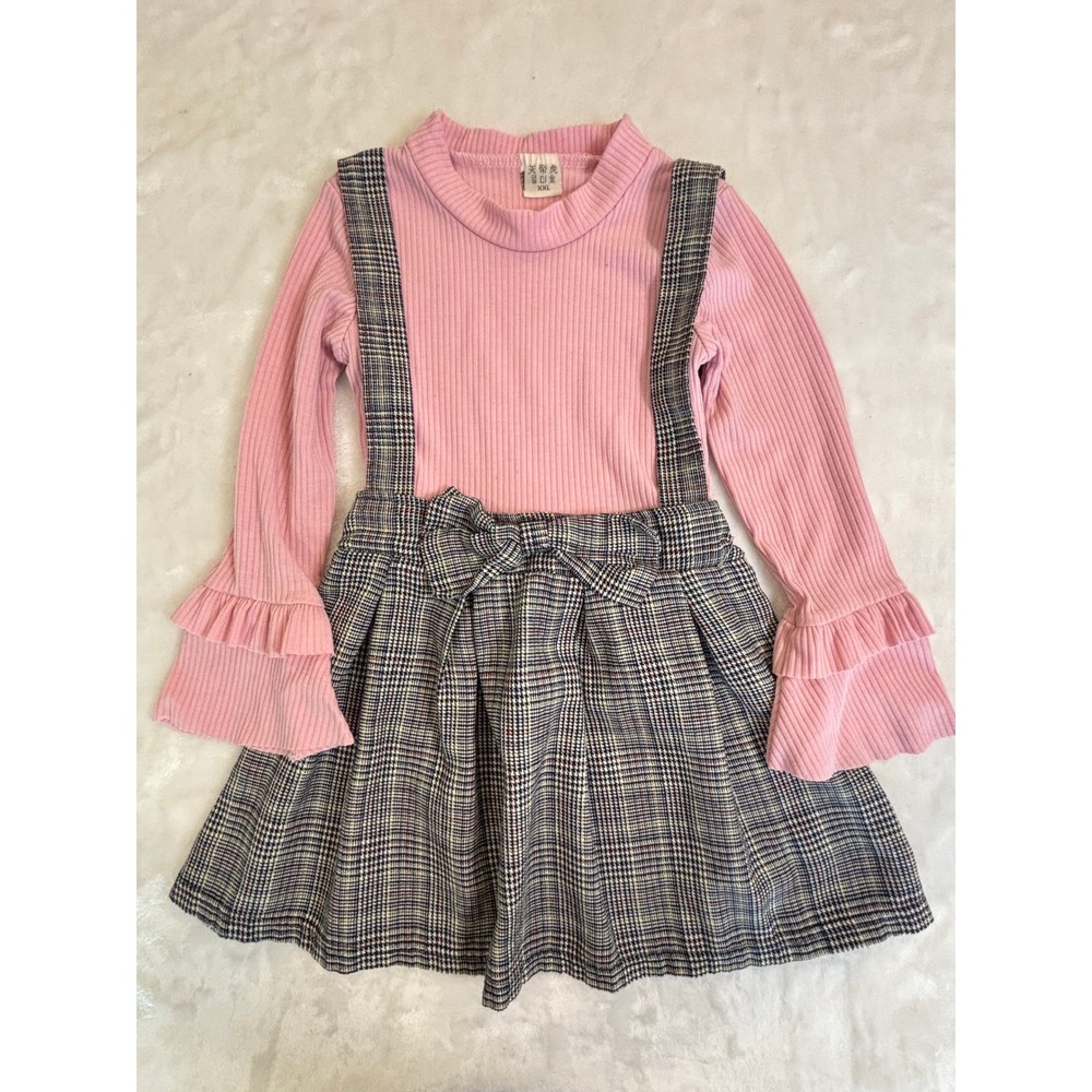Girls Pink Ribbed Ruffle Top and Plaid Pinafore Skirt Set Size XXL